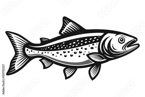 Graphic Black and White Vector Illustration of Spotted Fish with Detailed Fins and Markings