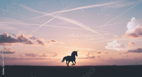 Silhouette of a unicorn running in a field against a colorful sunset sky.