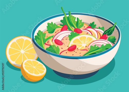Colorful salad bowl with lemon.