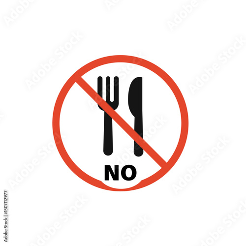 Flat vector prohibition sign with crossed fork and knife. No food allowed symbol in red circle. Minimalist design for public spaces and packaging.