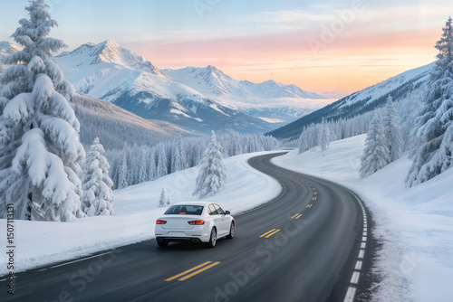 car driving on nature road landscape in snowy mountain in winter season snow winter road scenery in europe trip concept winter travel highway scene winter landscape on sunset in snowy mountains