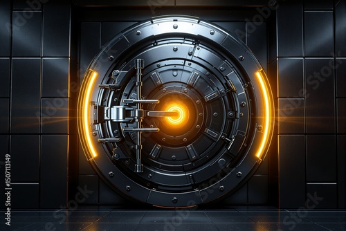 Futuristic metallic vault door with glowing circular lock in center, sci-fi style, dark tiled background, concept of data protection and business security, Ai generative