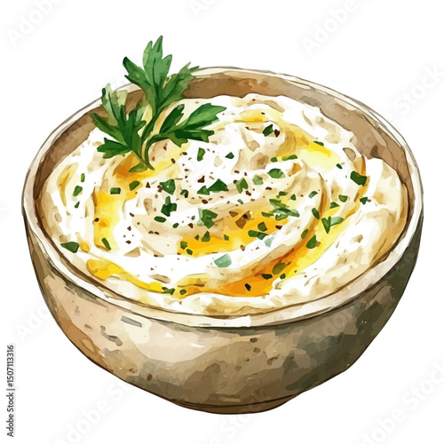 My Watercolor illustration, baba ganoush in bowl painting illustration isolated on a white background, illustration, AI painting design, vector illustration set, eps format