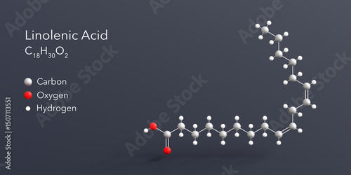 Fototapeta Naklejka Na Ścianę i Meble -  linolenic acid molecule 3d rendering, flat molecular structure with chemical formula and atoms color coding