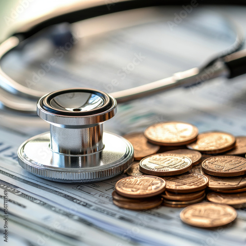 Stethoscope and coins on dollar bills, symbolizing healthcare costs and financial planning, close-up, bright lighting, economic health concept