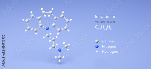 imipramine molecule, molecular structure, antidepressant 3d model, Structural Chemical Formula and Atoms with Color Coding