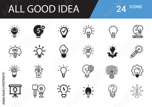 24 Light Bulb Icons: A set of 24 unique and versatile light bulb icons, perfect for representing ideas, innovation, and inspiration in your designs.
