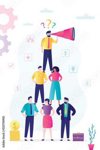 Successful dream team, Business development and teamwork. Business concept of vision. Business people forming pyramid and leader uses spyglass.