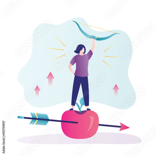 Successful business story concept. Female character hit in bullseye with her bow. Businesswoman standing on giant apple target hitted arrow. Happy and lucky business woman