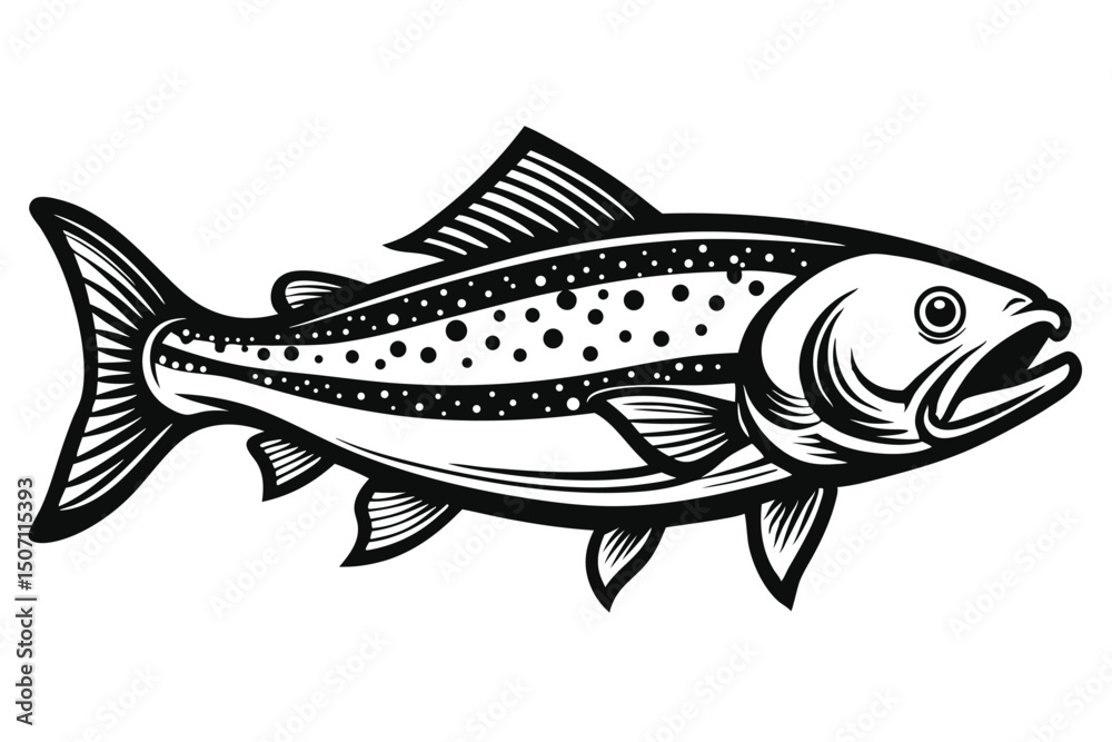 Fototapeta premium Graphic Silhouette Illustration of a Trout Fish with Spots and Detailed Fins