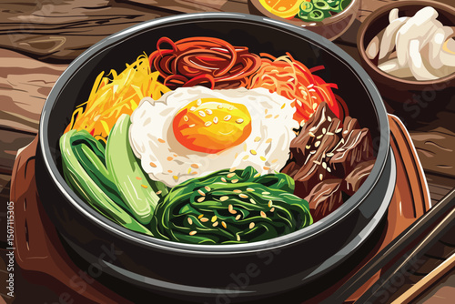 Illustration of a Korean dish with rice, egg, vegetables, and kimchi on vector illustrations. Korean food with rice, egg, and kimchi. Traditional Korean cuisine with rice and kimchi.