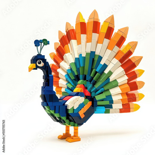 Colorful Plumage: A vibrantly constructed peacock made from toy bricks, standing proudly with its dazzling tail on full display, showcasing the beauty and charm.