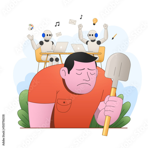 Sad character of man with shovel and cheerful robots at office desks. Concept of replacing intellectual work with technologies. Vector illustration.