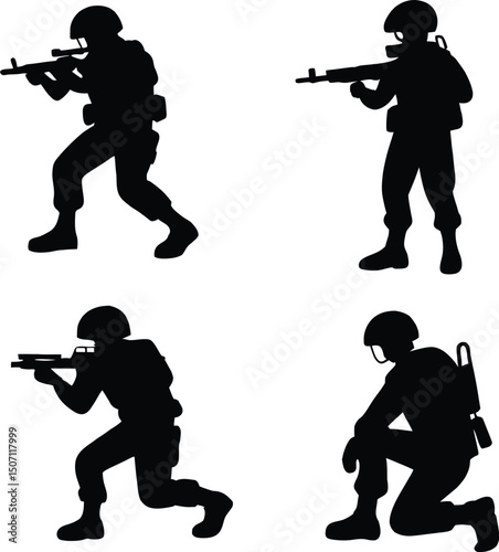 Silhouette of Soldiers in Various Poses with Rifles on White Background