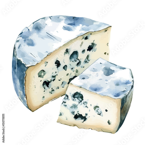 My Watercolor illustration, sliced blue cheese painting illustration isolated on a white background, illustration, AI painting design, vector illustration set, eps format