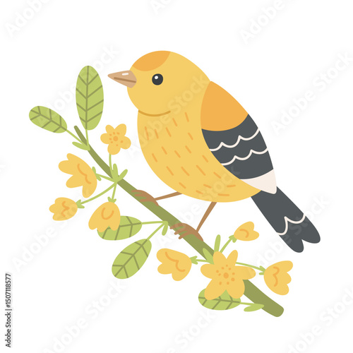 Cute yellow bird sitting on branch with leaves and yellow flowers. Vector cartoon illustration on white background.