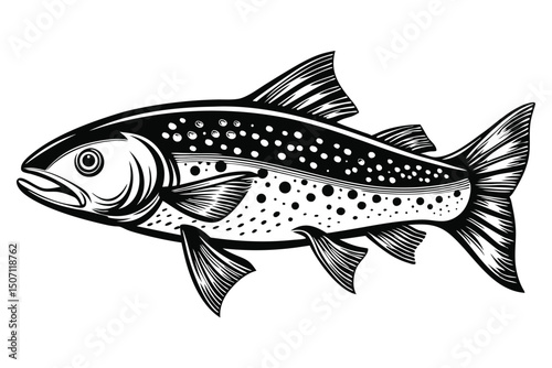 Black and White Graphic Illustration of a Spotted Fish Swimming to the Right
