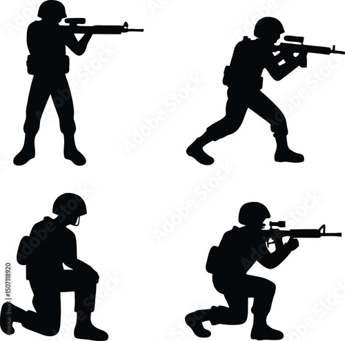Soldier Silhouette Set with Rifle in Various Poses on White Background