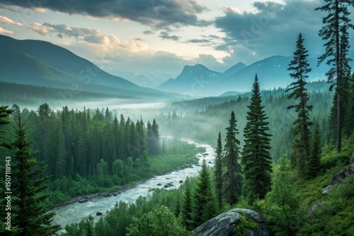 Mountain River Valley with Evergreen Forest