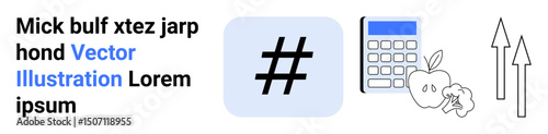 metadata tag in blue square, calculator, apple, broccoli, and upward arrows signifying calculation, growth, health, and organization. Ideal for education wellness business finance productivity