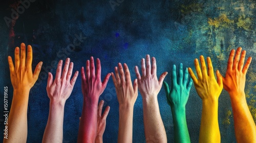 Colorful hands reaching upward in a diverse group. photo
