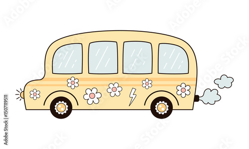Groovy School Bus clipart, School transport, Retro car, back to school, cute hand drawn vector illustration in flat style