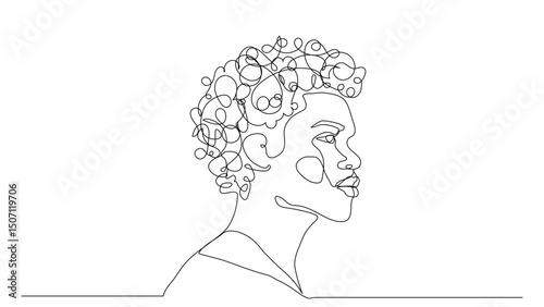 Continuous linear drawing of African American man. Abstract minimalist one line face in profile isolated on transparent background. Vector illustration for Juneteenth, black history month.
