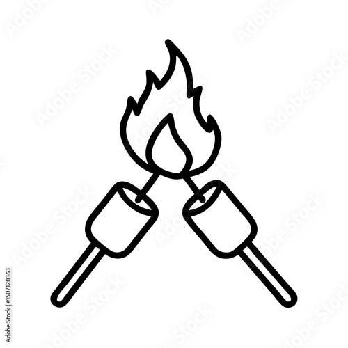 Two marshmallows roasting over a campfire in line art style  