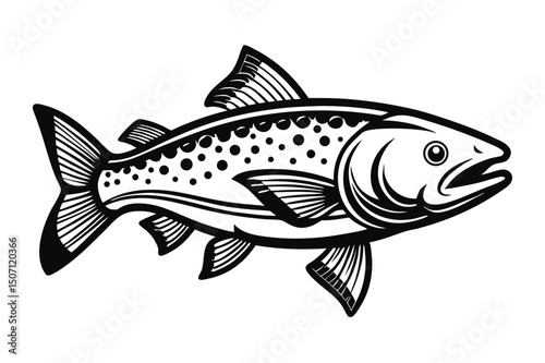 Black and White Illustration of Trout Fish with Spotted Pattern Design