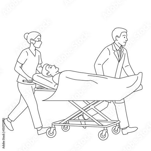Line art illustration of medical staff transporting a patient on a stretcher. Nurse in protective mask. Emergency healthcare scene. Black and white outline drawing.