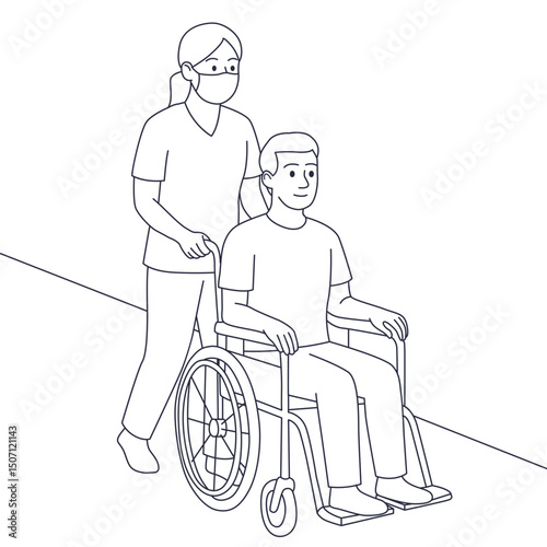 Line art illustration of a nurse pushing a man in a wheelchair. Medical care, rehabilitation, disability support. Healthcare worker wearing mask. Black and white outline drawing.