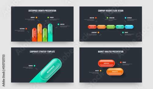 Service Planning 4 5 1 2 Option Diagram Slide Template Set. Modern Portfolio Four Five One Two Element Infographic Slideshow Design Vector Illustration Bundle.