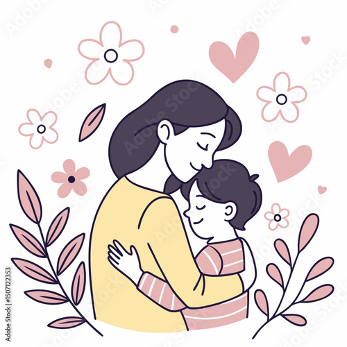 Mother and child hugging vector art illustration for mother's day celebration and love expression design