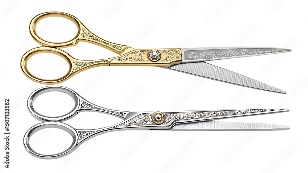 Fototapeta premium Elegant gold and silver decorative scissors on transparent background