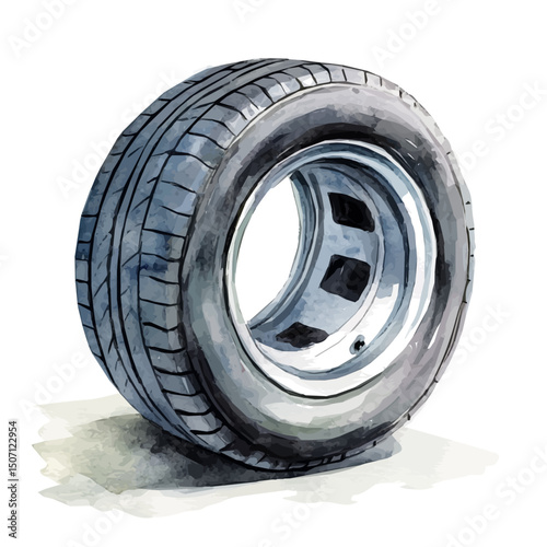 My Watercolor illustration, car tire painting illustration isolated on a white background, illustration, AI painting design, vector illustration set, eps format