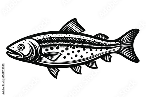Detailed Black and White Illustration of a Spotted Trout Fish Swimming Sideways