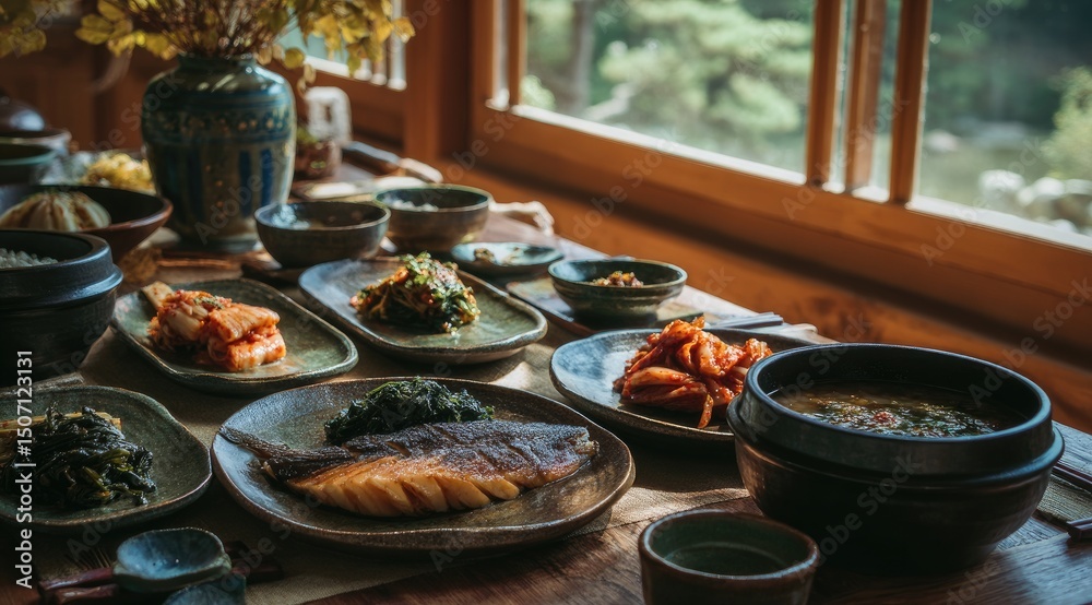 Fototapeta premium table set with traditional Korean dishes