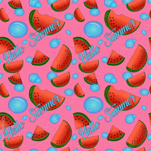 Seamless pattern Hello Summer with vector Appetizing juicy Watermelon and Blue water Bubbles on a vibrant pink background. For Summertime, dessert, fruit design, or National Watermelon Day celebration
