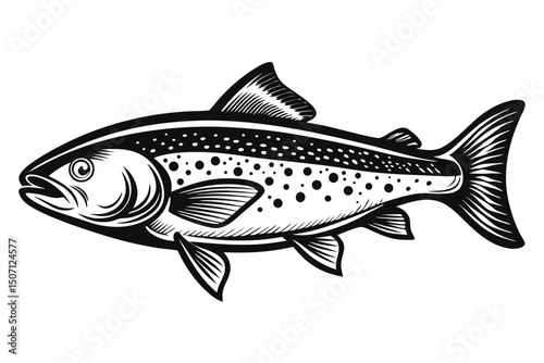 Graphic Black and White Illustration of a Spotted Trout Fish Profile View