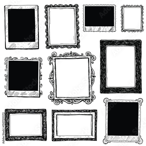 Wallpaper Mural Raster illustration. Decorative vintage frames and borders. Illustration in white, black and green colors. Border design is pattern in doodles art style. Seamless. Decoration pattern style. Torontodigital.ca