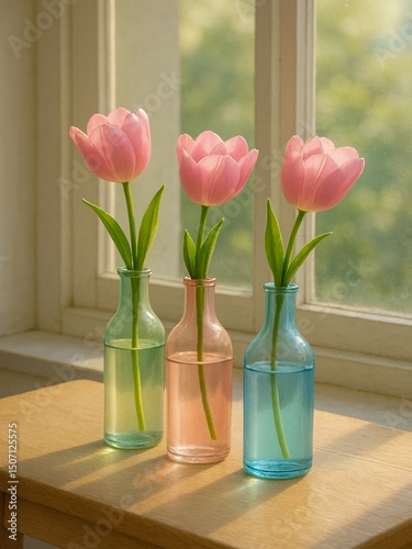 A serene morning scene with slender, tall glass bottles in soft pastel colors (mint green, blush pink, sky blue) arranged on a light wooden table near a sunlit window. Each bottle holds a single pink 