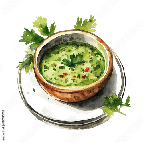 My Watercolor illustration, illustration chimichurri sauce in bowl with parsley painting isolated on a white background, illustration, AI painting design, vector illustration set, eps format