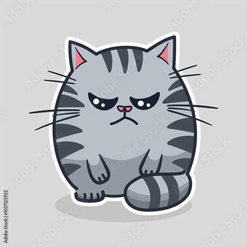 Cartoon gray striped sad or angry cat with closed eyes, offended; arrogant and silent domestic cat.