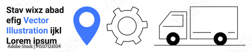 Truck, gear, and location marker visualizing transport, logistics, delivery, navigation, innovation, industrial processes. Ideal for shipping services supply chain optimization simple landing page