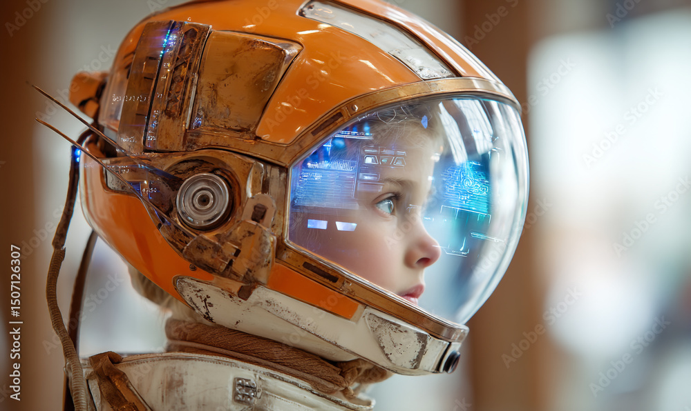 Fototapeta premium Young child in orange astronaut helmet with heads up display looking to the side with futuristic gear
