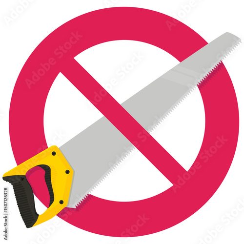 Hand saw with a circular red strikethrough prohibition symbol in flat design style (cut out)