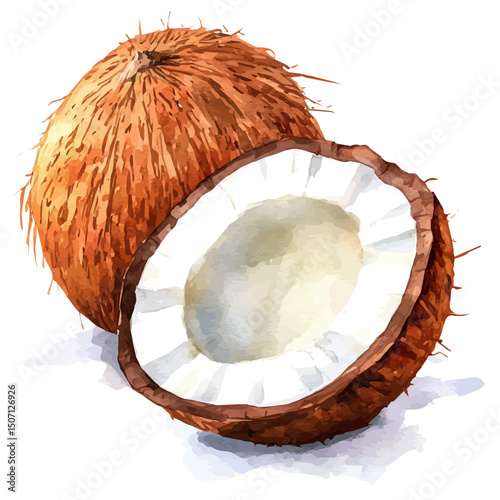 My Watercolor illustration, illustration, sliced coconut painting isolated on a white background, illustration, AI painting design, vector illustration set, eps format