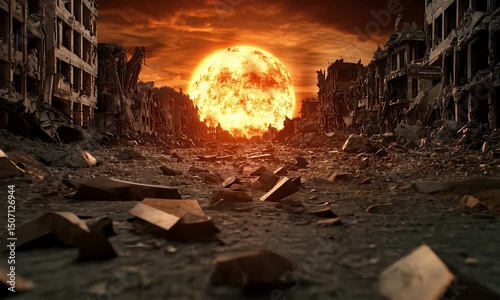 Nuclear explosion in destroyed city after war