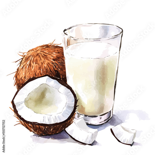 My Watercolor illustration, illustration, coconut milk painting isolated on a white background, illustration, AI painting design, vector illustration set, eps format
