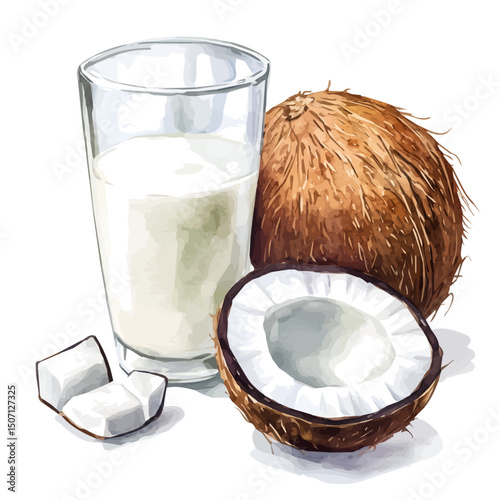 My Watercolor illustration, illustration, coconut milk painting isolated on a white background, illustration, AI painting design, vector illustration set, eps format
